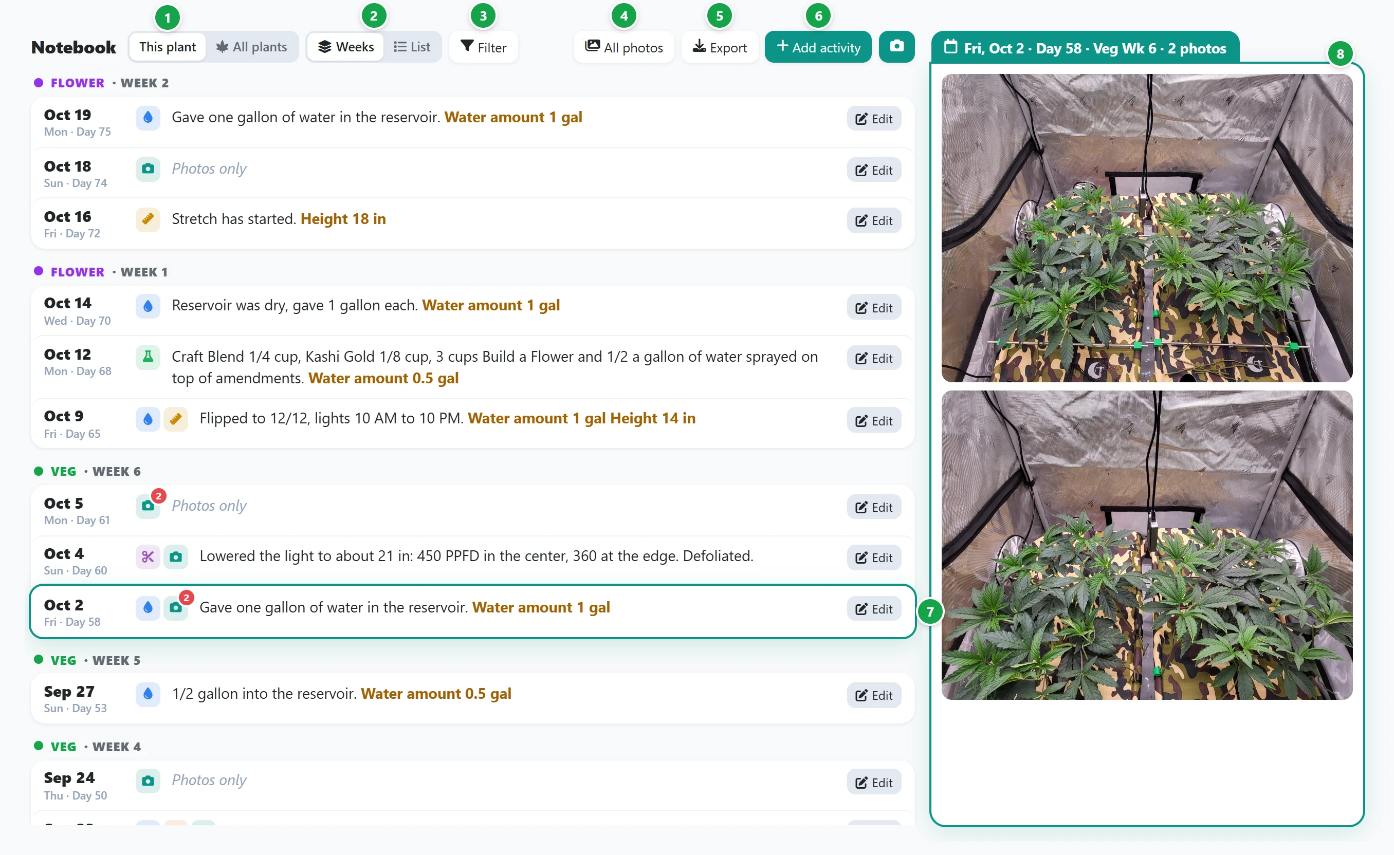 A plant's notebook: the toolbar, the entries grouped by week and the selected day's photos