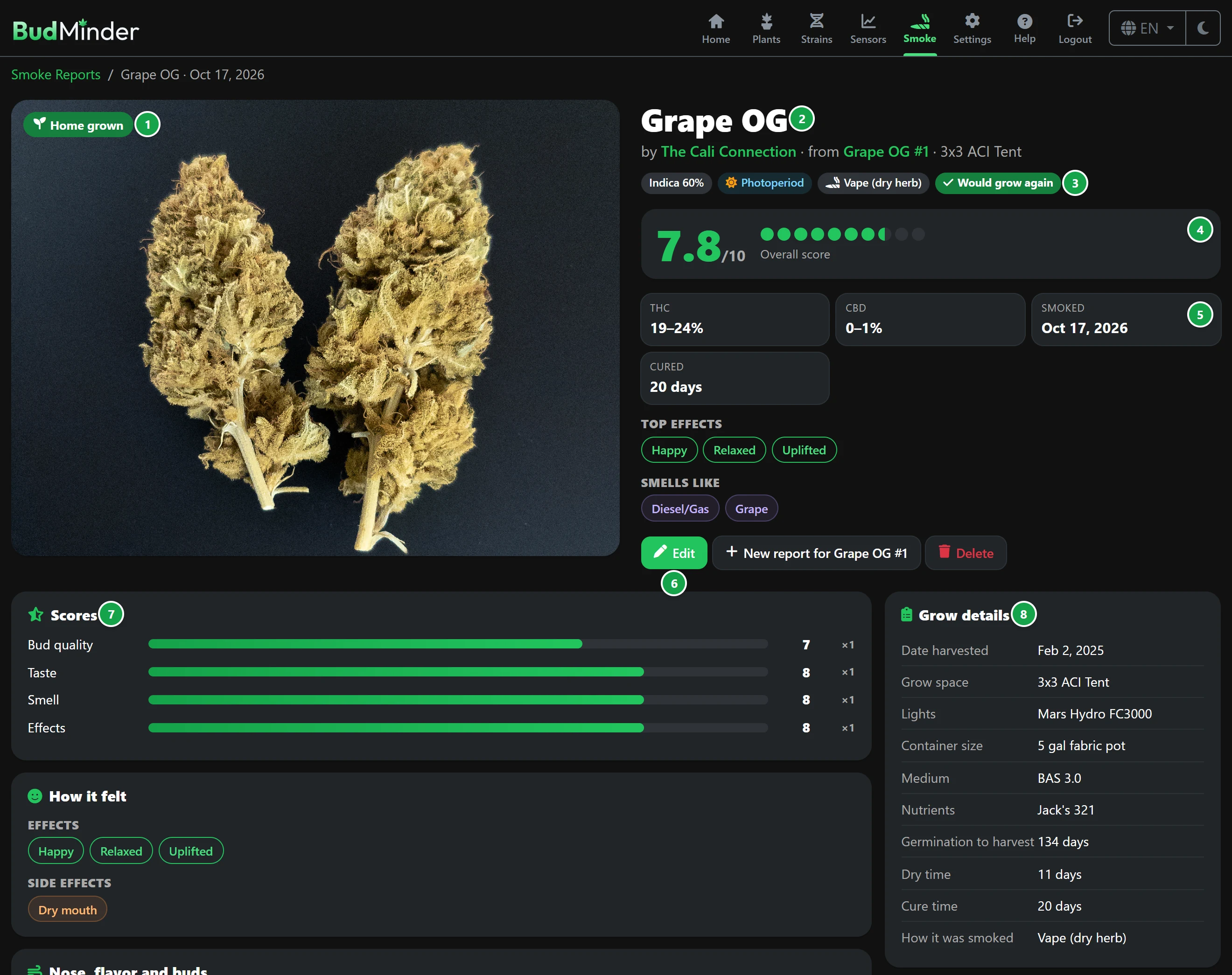 A smoke report's page: the photo, the strain and plant, the chips, the overall score, the facts, the buttons, and the Scores and Grow details cards
