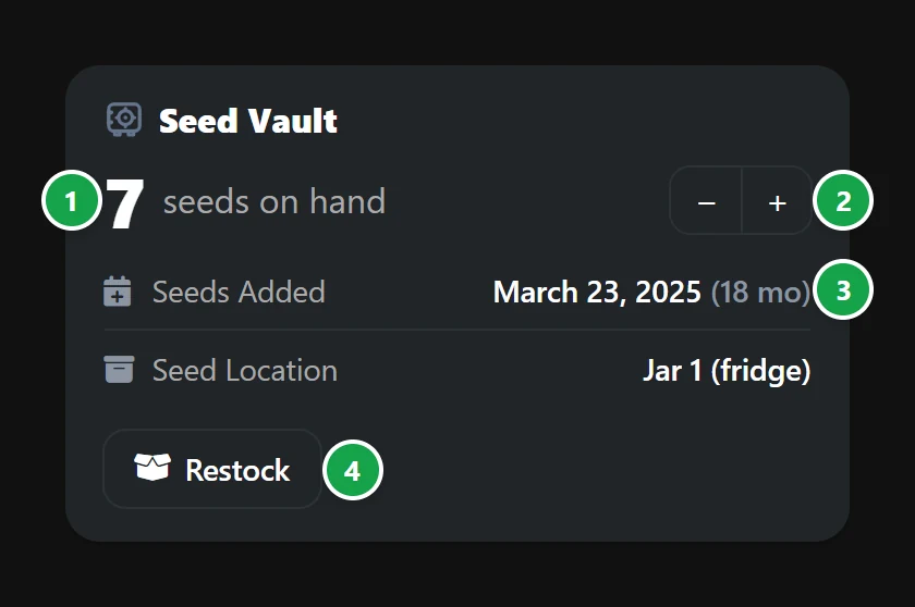 The Seed Vault card on a strain's page: the seed count, the minus and plus buttons, the date and storage, and Restock