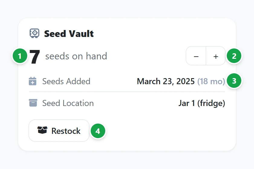 The Seed Vault card on a strain's page: the seed count, the minus and plus buttons, the date and storage, and Restock