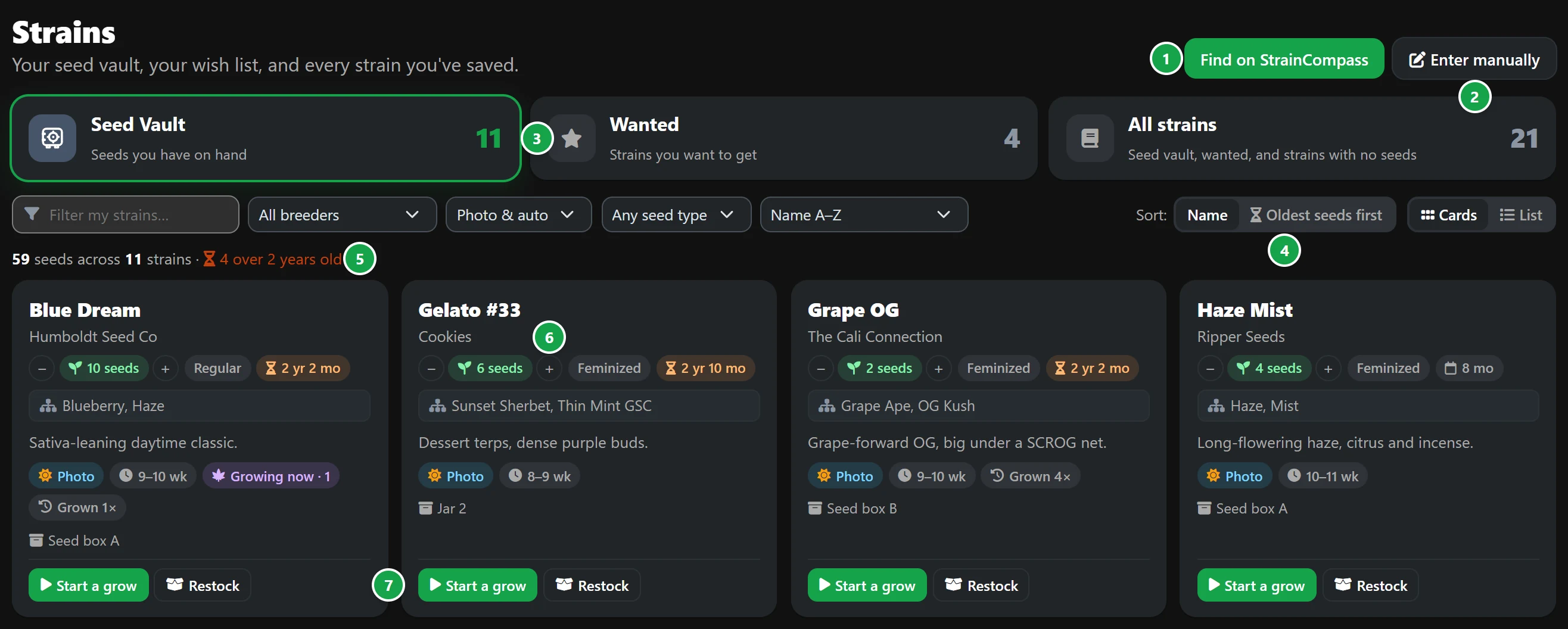 The Strains page: the add buttons, the three tabs, the filters, the summary and the strain cards