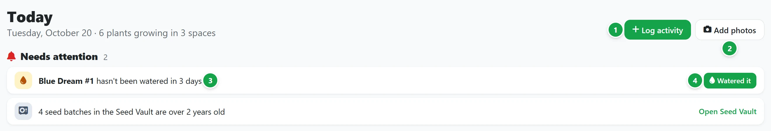 The top of the Today page: the Log activity and Add photos buttons, then the Needs attention list