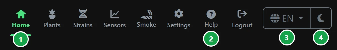 The top menu: Home, Plants, Strains, Sensors, Smoke, Settings, Help and Logout, then the language and theme buttons