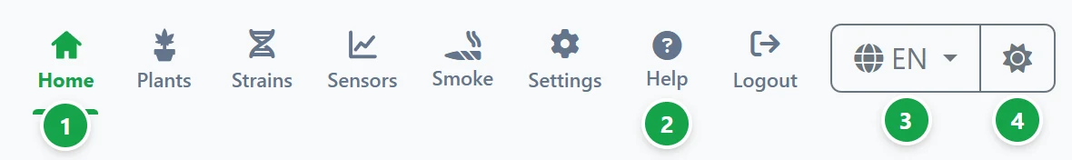 The top menu: Home, Plants, Strains, Sensors, Smoke, Settings, Help and Logout, then the language and theme buttons